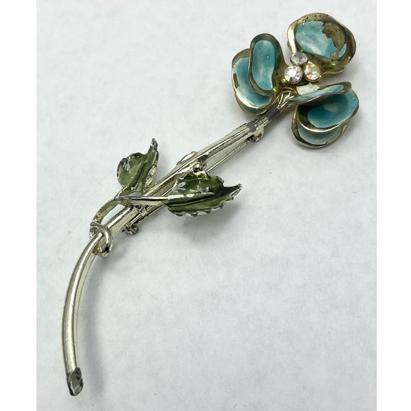 Vintage Blue Flower Enamel Rhinestone Brooch Pin